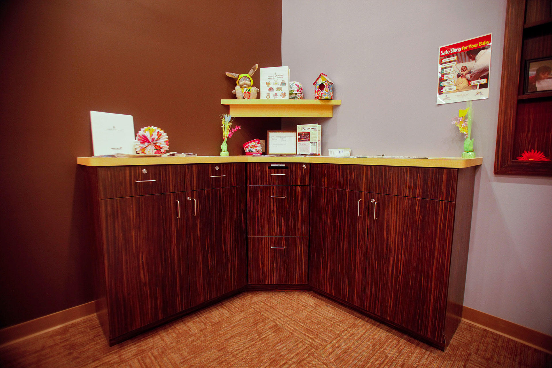 Custom plastic laminate base cabinets with plastic laminate countertops and shelf built for heavy usage.